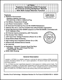 ACT8504-I datasheet: Radiation hardened and ESD protected 64-channel analog multiplexer module with MUX output monitor function. Commercian flow. ACT8504-I