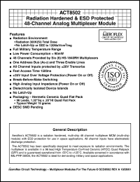 ACT8502-7 datasheet: Radiation hardened and ESD protected 48-channel analog multiplexer module. Commercial Flow, +25 degrees C testing only. ACT8502-7