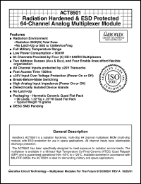 ACT8501-S datasheet: Radiation hardened and ESD protected 64-channel analog multiplexer module. Screened to the individual test methods of MIL-STD-883 IAW MIL-PRF-38536, class K. ACT8501-S