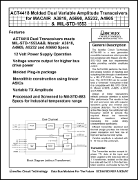 ARX4418D datasheet: Molded dual variable amplitude transceiver for macair A3818, A5690, A5232, A4905 and MIL-STD-1553. Normally low. ARX4418D