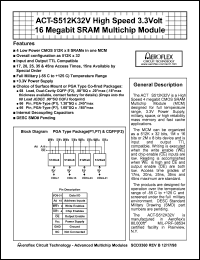 ACT-S512K32V-035P1Q datasheet: High speed 3.3 Volt 16 Megabit SRAM multichip module. Speed 35ns. ACT-S512K32V-035P1Q