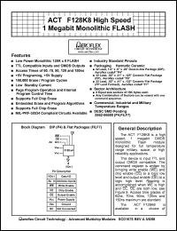 ACT-F128K8N-060P4Q datasheet: High speed 1 Megabit monolithic FLASH. Speed 60ns. ACT-F128K8N-060P4Q