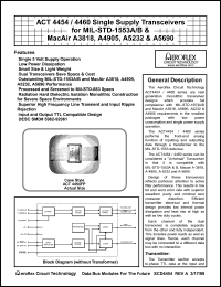 ACT4460 datasheet: Single supply transceiver for MIL-STD-1553A/B & MacAir A3818, A4905, A5232 & A5690. Receiver data level normally low Rx. Configuration dual. ACT4460