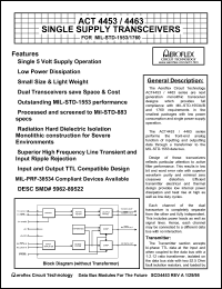 ACT4463 datasheet: Single supply transceiver for MIL-STD-1553/1760. Receiver data level normally high Rx. Configuration dual. ACT4463