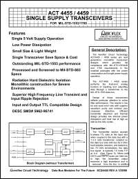ACT4459 datasheet: Single supply transceiver for MIL-STD-1553/1760. Receiver data level normally high Rx. Configuration single. ACT4459