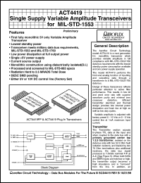 ACT4419 datasheet: Single supply variable amplitude tranceiver for MIL-STD-1553. Receiver data level normally low. ACT4419
