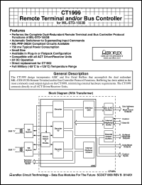 CT1999-FP datasheet: Remote terminal and/or bus controller for MIL-STD-1553B. Screened to the individual test methods of MIL-STD-883 CT1999-FP