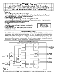 ACT3492 datasheet: MIL-STD-1553B remote terminal, bus controller, or passive monitor hybrid with status word control dual low power monolithic bus tranceivers ACT3492