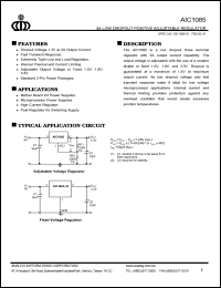 AIC1085-15CE datasheet: Output voltage: 1.5V; 3A low dropout positive adjustable regulator AIC1085-15CE