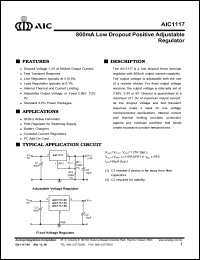 AIC1117-28CT datasheet: Output voltage: 2.85V; 800mA low dropout positive adjustable regulator AIC1117-28CT