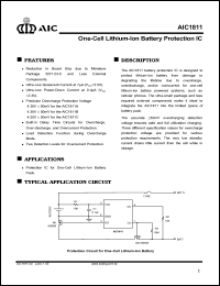 AIC1811ACV datasheet: Overcharge protection voltage: 4.35V; one-cell lithium-lon battery protection IC AIC1811ACV
