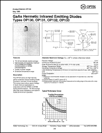 OP131 datasheet: GaAs hermetic infrared emitting diode OP131