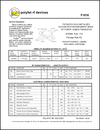 F1016 datasheet: Patented  gold metalized silicon gate enhancement mode RF power VDMOS transistor F1016