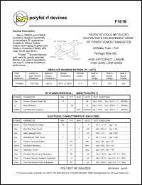 F1019 datasheet: Patented  gold metalized silicon gate enhancement mode RF power VDMOS transistor F1019