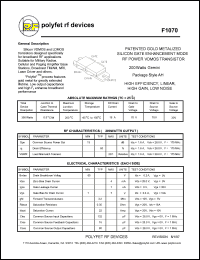 F1070 datasheet: 200 Watt, Patented  gold metalized silicon gate enhancement mode RF power VDMOS transistor F1070