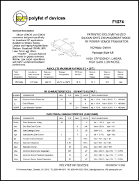 F1074 datasheet: 100 Watt, Patented  gold metalized silicon gate enhancement mode RF power VDMOS transistor F1074