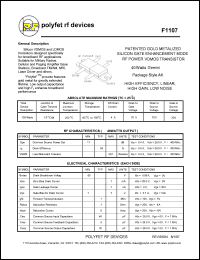 F1107 datasheet: 40 Watt, Patented  gold metalized silicon gate enhancement mode RF power VDMOS transistor F1107