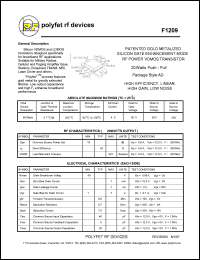 F1209 datasheet: 20 Watt, Patented  gold metalized silicon gate enhancement mode RF power VDMOS transistor F1209