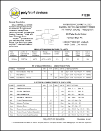 F1220 datasheet: 20 Watt, Patented  gold metalized silicon gate enhancement mode RF power VDMOS transistor F1220