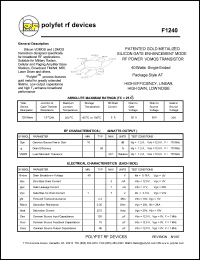 F1240 datasheet: 40 Watt, Patented  gold metalized silicon gate enhancement mode RF power VDMOS transistor F1240