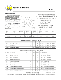 F2021 datasheet: 7.5 Watt, Patented  gold metalized silicon gate enhancement mode RF power VDMOS transistor F2021