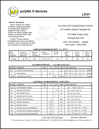 L2721 datasheet: 15 Watt, silicon gate enhancement mode RF power LDMOS transistor L2721