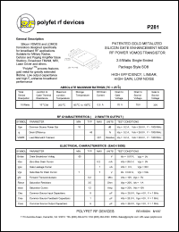 P281 datasheet: 2.5 Watt, patented gold metallized silicon gate enhancement mode RF power VDMOS transistor P281