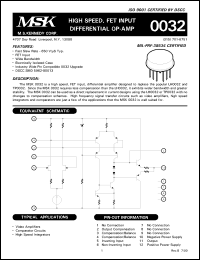 MSK0032B datasheet: High speed, fet input differential OP-AMP MSK0032B