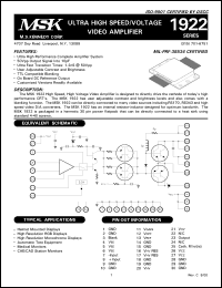 MSK1922 datasheet: Ultra high speed/ voltage video amplifier MSK1922