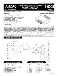 MSK1933U-2 datasheet: Ultra high speed/ voltage negative output video amplifier MSK1933U-2