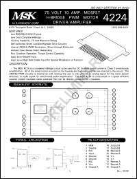 MSK4224 datasheet: 75 V, 10A MOSFET H-bridge PWM motor driver/amplifier MSK4224