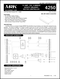 MSK4250H datasheet: 75 V, 10A MOSFET H-bridge brushed motor controller MSK4250H