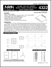 MSK4322U datasheet: 200 V, 20A, MOSFET smart power 3-phase motor drive power hybrid MSK4322U