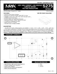 MSK5275-5 datasheet: 5V, Very high current, low dropout surface mount voltage regulator MSK5275-5