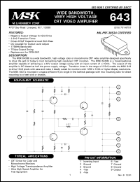 MSK643B datasheet: Wide bandwidth, very high voltage CRT video amplifier MSK643B