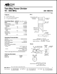 DS-109 datasheet: 10-500 MHz, two-way power divider DS-109