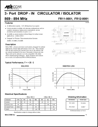 FR11-0001 datasheet: 869-894 MHz,3-port DROP-IN citculator FR11-0001