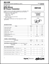 MRF428 datasheet: 150 W, 30 MHz, RF power transistor NPN silicon MRF428