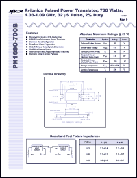 PH1090-700B datasheet: 1030-1090 MHz,700 W, 32 ms pulse,avionic pulsed power transistor PH1090-700B