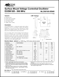 MLO80100-00940 datasheet: 920-960 MHz, Surface mount voltage controlled oscillator EGSM MLO80100-00940