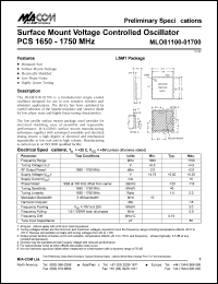 MLO81100-01700 datasheet: 1650-1750 MHz, Surface mount voltage controlled oscillator PCS MLO81100-01700