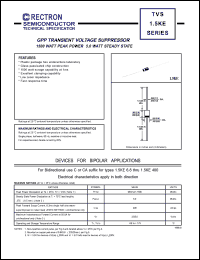 1.5KE200 datasheet: GPP transient voltage suppressor (TVS diode). 1500W peak power, 5.0W steady state. Breakdown voltage 180V(min), 220V(max). For bidirectional use C or CA suffix. 1.5KE200