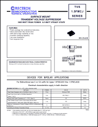 1.5FMCJ6.8 datasheet: Surface mount transient voltage suppressor (TVS). 1500W peak power, 5.0W steady state. Breakdown voltage 6.12V(min), 7.48V(max). For bidirectional use C or CA suffix. 1.5FMCJ6.8