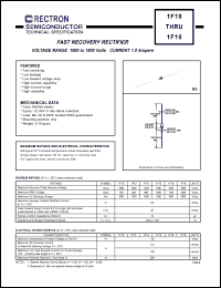 1F18 datasheet: Fast recovery rectifier. Current 1.0A, VRRM = 1800V, VRMS = 1260V, VDC = 1800V. 1F18