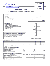 1N4006 datasheet: Silicon rectifier. Current 1.0A, VRRM = 800V, VRMS = 560V, VDC = 800V. 1N4006