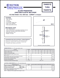 1N4001G datasheet: Glass passivated junction plastic rectifier. Current 1.0A, VRRM = 50V, VRMS = 35V, VDC = 50V. 1N4001G