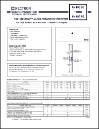 1N4937G datasheet: Fast recovery glass passivated rectifier. VRRM = 600V. VRMS = 420V. VDC = 600V. Current 1.0A 1N4937G
