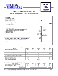 1N5817 datasheet: Schottky barrier rectifier. VRRM = 20V. VRMS = 14V. VDC = 20V. Current 1.0A 1N5817