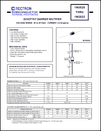 1N5822 datasheet: Schottky barrier rectifier. VRRM = 40V. VRMS = 28V. VDC = 40V. Current 3.0A 1N5822