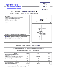 5KP6.0 datasheet: GPP transient voltage suppressor (TVS). 5000W peak power, 5.0W steady state. VBR=6.67V(min), VBR=8.15V(max) @IT=50mA. For bidirectional use C or CA suffix 5KP6.0